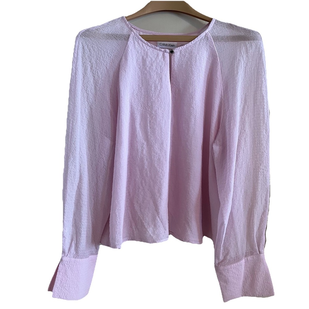Calvin Klein Pink Sheer Sleeve Top L Soft Feminine Swifty Romantic Textured